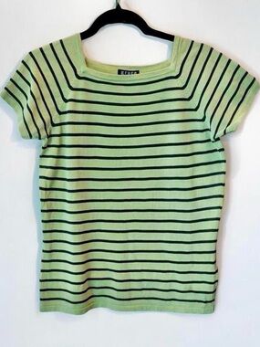 Silk Blend Stripe Mint & Navy Knit Square Neck Short Sleeve Top M GraceDaneLewis
